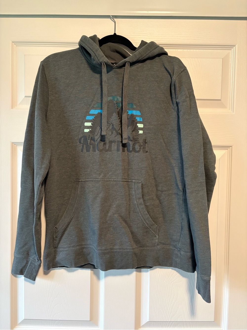 Marmot Gray Pullover Hoodie with Blue and Teal Logo